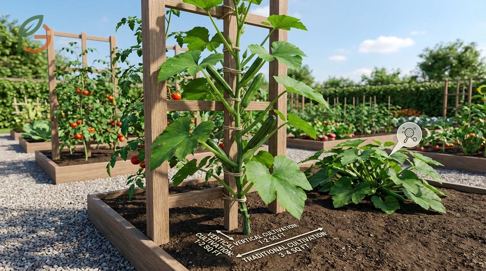 Growing zucchini vertically reduces footprint to one to two square feet with central stems.