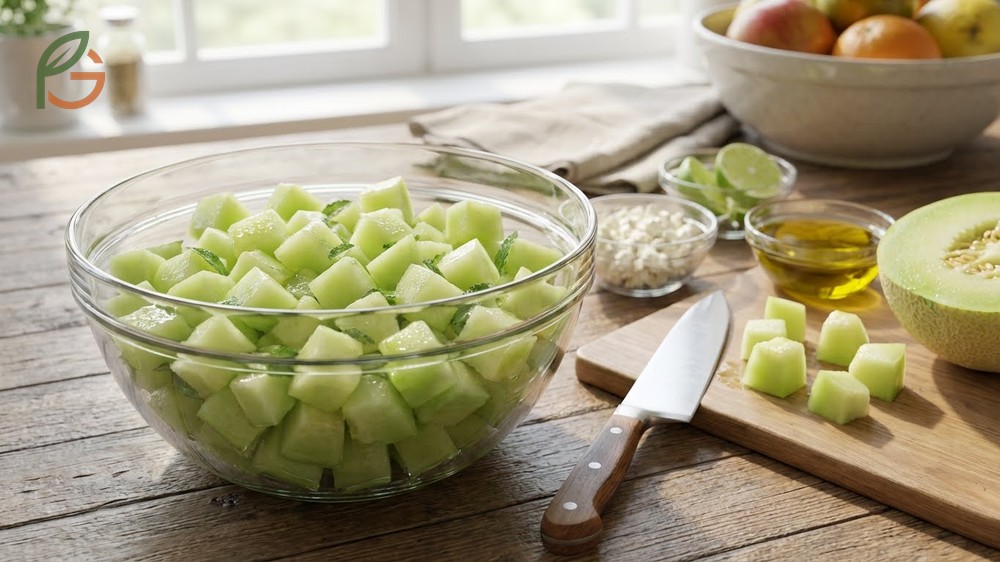 Honeydew salad recipe steps combining cubed melon, crumbled feta, and fresh mint leaves.