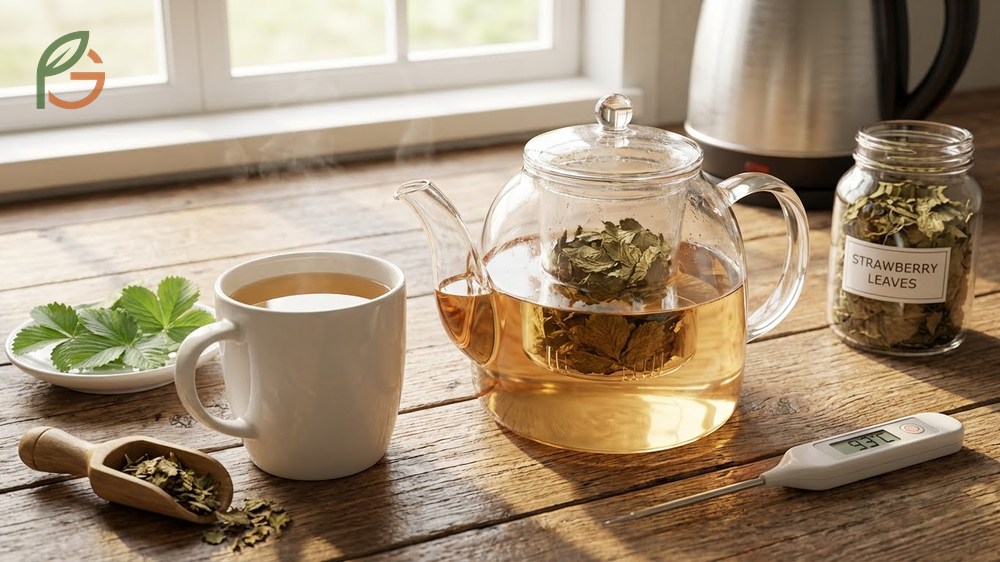 Dried strawberry leaves steeping in hot water to create a soothing herbal infusion.
