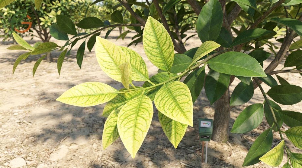 Iron deficiency citrus symptoms appear as yellow new leaves with bright green veins in alkaline soils above pH 7.5.