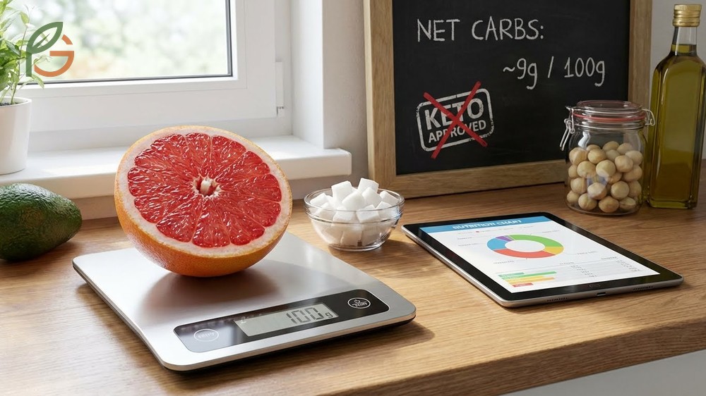 Raw grapefruit contains 9.06g net carbs per 100g serving making it difficult to fit into strict ketogenic diets.