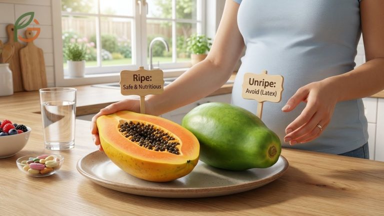 Fully ripe papaya showing deep orange flesh which is safe for pregnancy unlike the green unripe fruit containing latex.