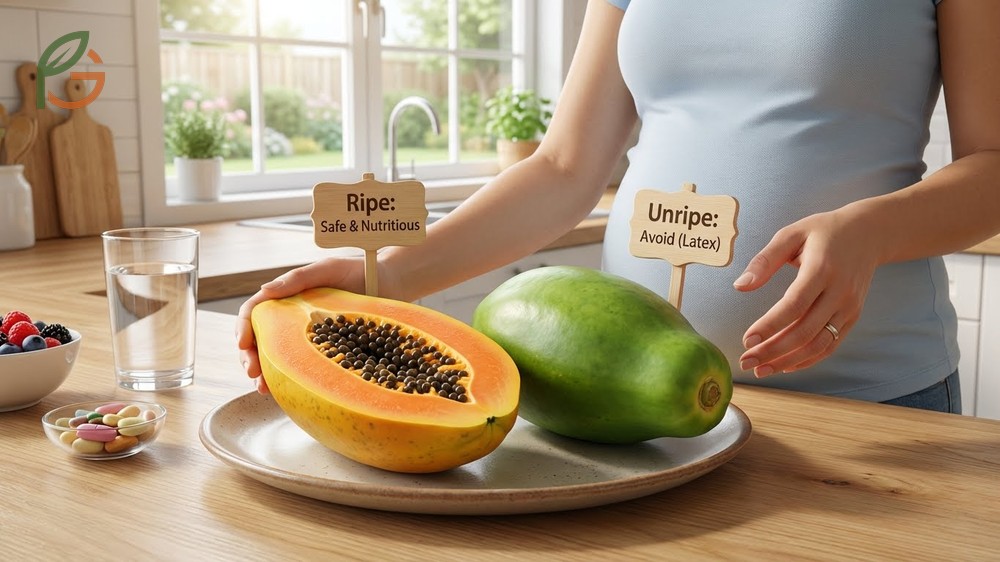 Fully ripe papaya showing deep orange flesh which is safe for pregnancy unlike the green unripe fruit containing latex.