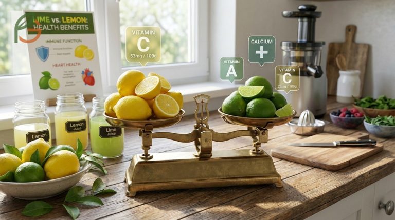 Lime vs lemon health benefits comparison chart highlighting differences in vitamin C, calcium, and vitamin A content.