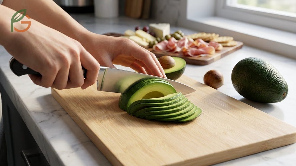 Avocado rose tutorial showing thin slices rolled into a spiral shape for decorative food styling.