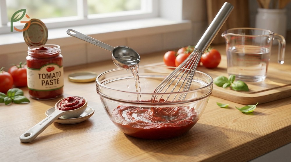 Making tomato puree from paste by mixing one part paste with two parts warm water for sauces.