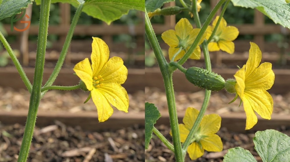 Male vs female cucumber flowers differ as females have a small fruit at the base while males produce pollen.