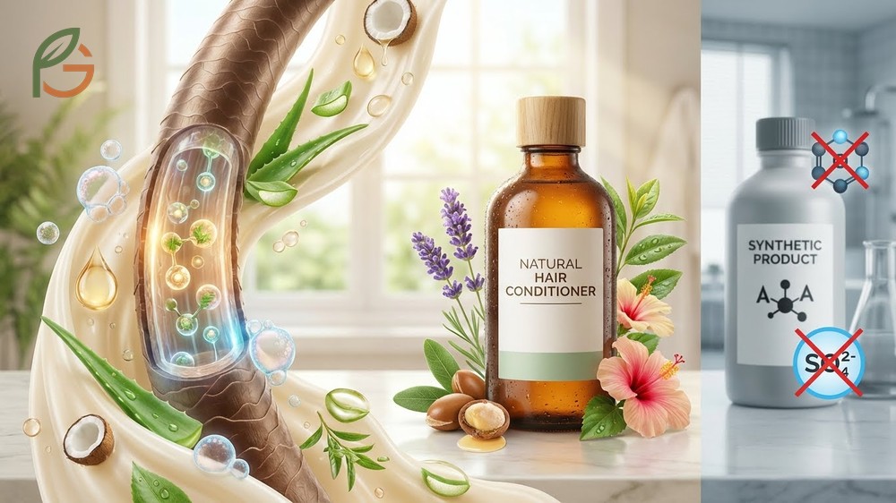 Natural hair conditioner benefits using fatty acids to lock in moisture and protect against environmental damage.