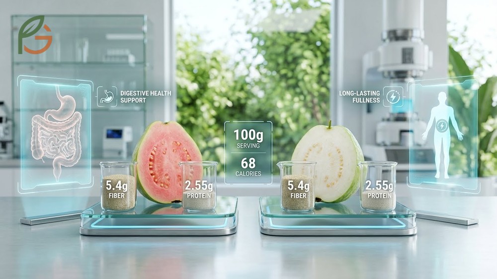 Nutritional comparison revealing 68 calories and 228mg vitamin C in pink and white guavas.
