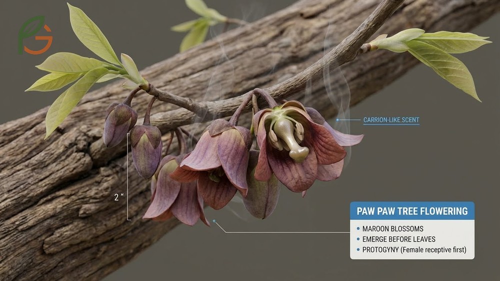 Maroon paw paw tree flowering in early spring attracting natural pollinators like flies and beetles.
