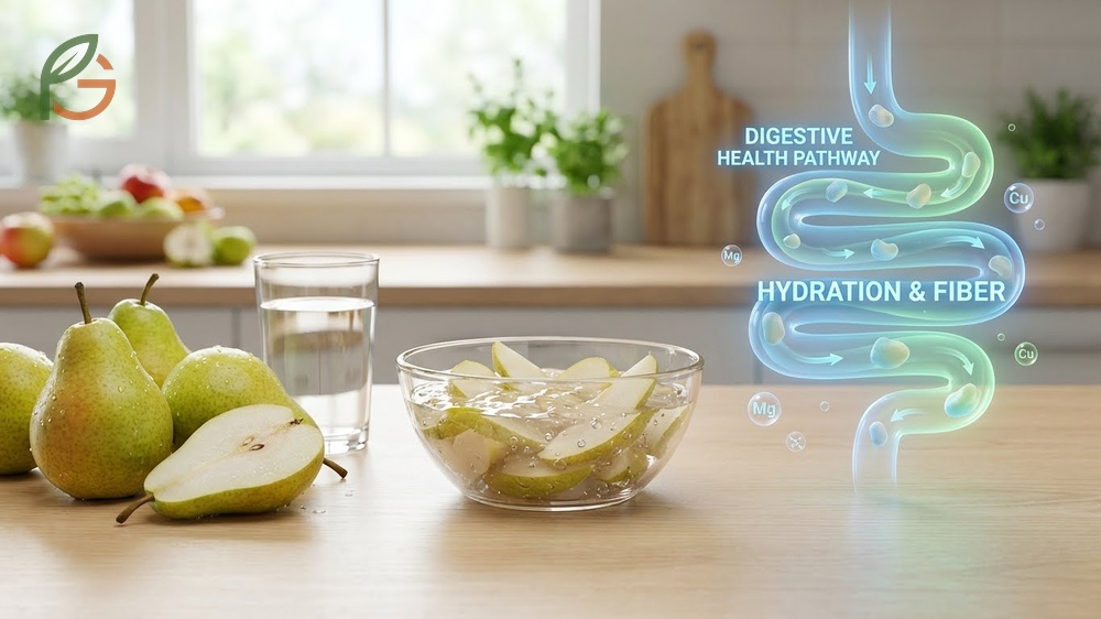 Pears digestive health benefits are enhanced by high water content and nutrients like magnesium that aid digestion.