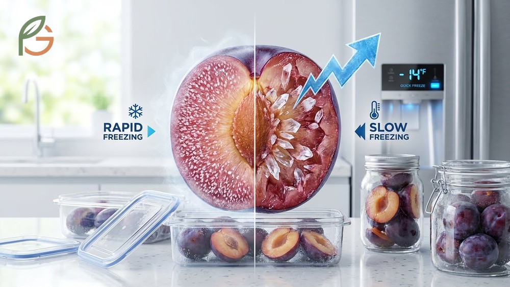 Plum freezing method using rapid cooling in rigid containers to prevent ice crystals and maintain fruit texture.