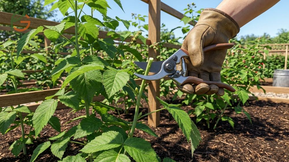 Pruning and training black raspberries by tipping primocanes at 24 to 36 inches to force lateral branching.