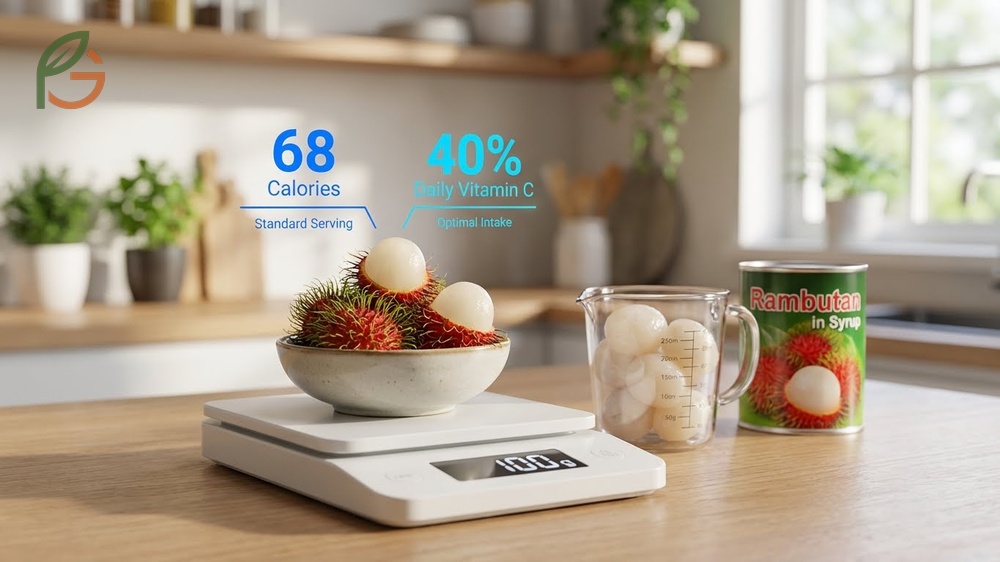 Rambutan serving size guide explaining that 100 grams equals roughly 3 to 4 fruits and provides 68 calories.