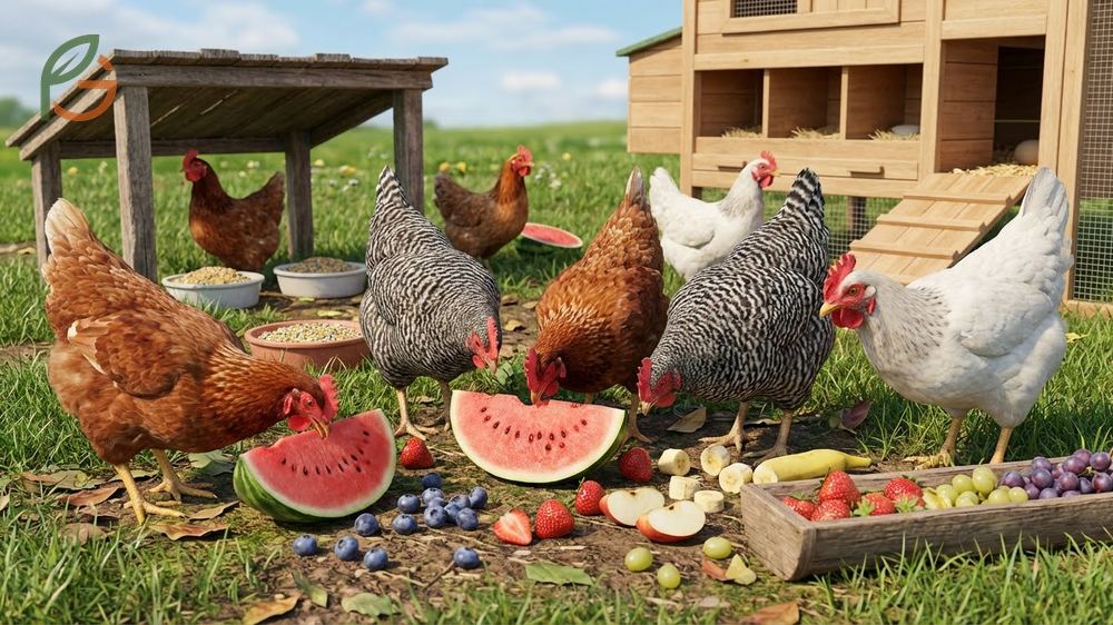 Safe fruits for chickens list including watermelon and blueberries as healthy alternatives to commercially processed poultry treats.