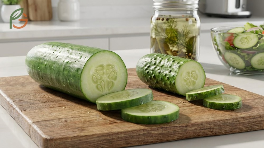 Comparison showing smooth skin slicing cucumbers next to warty pickling cucumbers illustrating texture differences.
