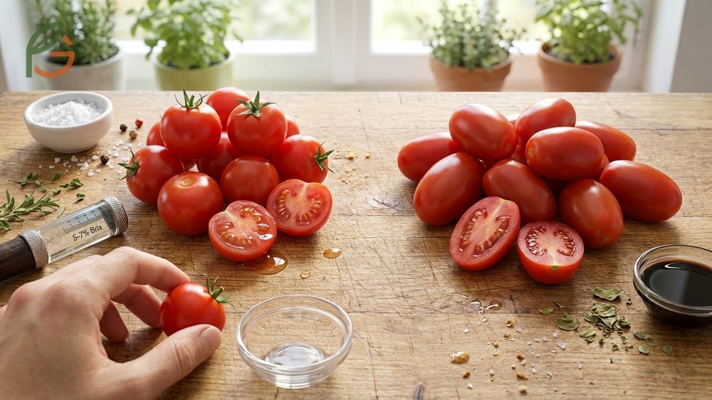 Cherry tomatoes vs grape tomatoes flavor profile highlighting the sweet tart juice of cherries and savory umami of grapes.