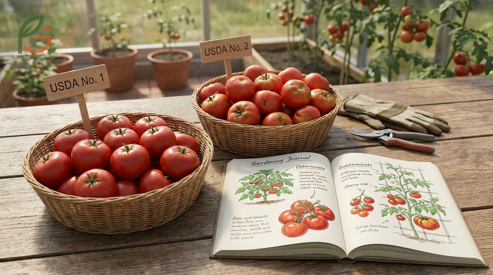 Different types of tomatoes are categorized by USDA standards into groups like determinate bush types and indeterminate vining varieties.