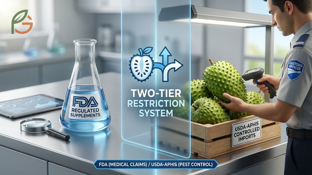 Why is soursop illegal status differentiated between fresh fruit imports and banned supplement claims.