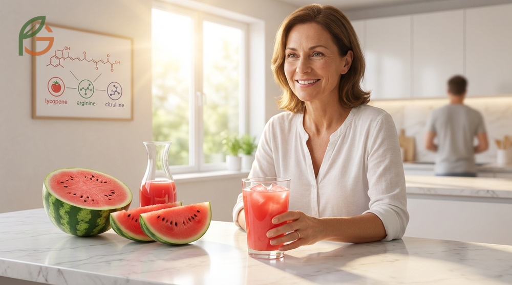 Benefits of watermelon juice include cardiovascular support and muscle recovery via citrulline and lycopene compounds.