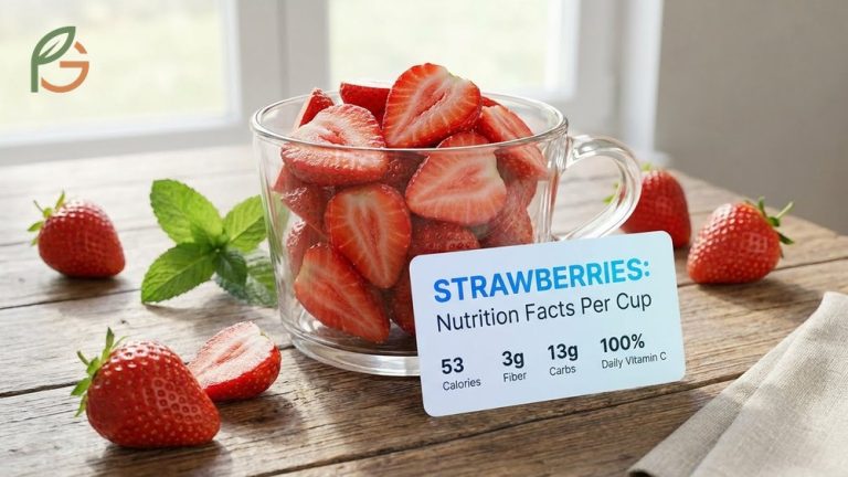 How many calories in strawberries visual guide displaying 53 calories per cup with 3g fiber and high vitamin C.
