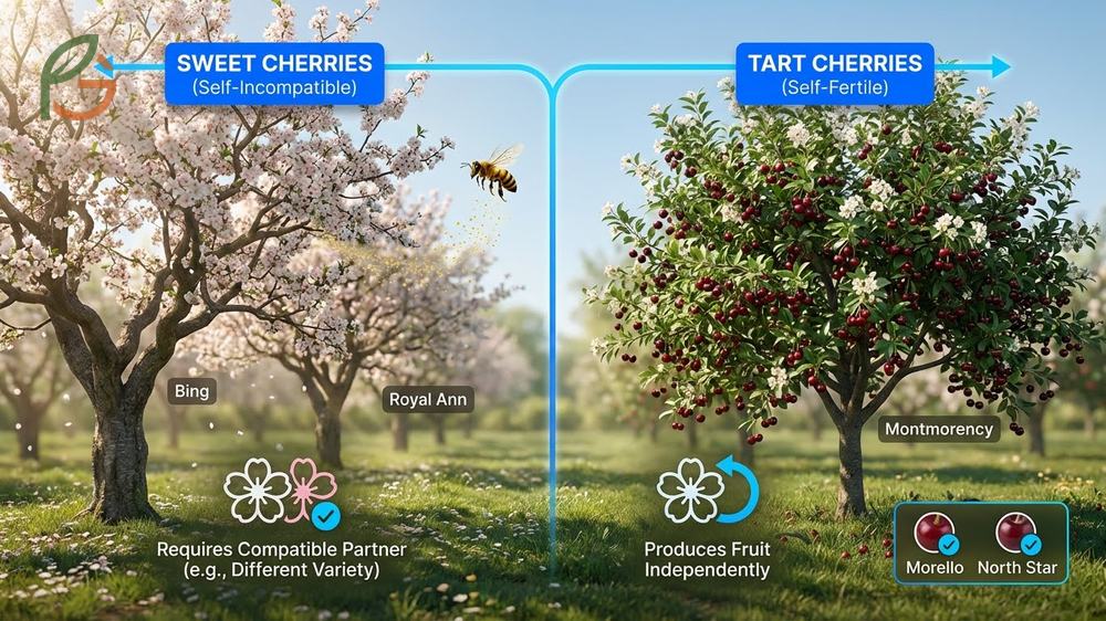 Pollination requirements for cherries depend on bee activity transferring pollen between compatible trees.
