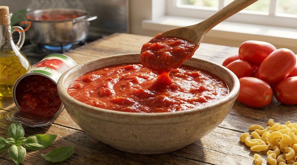 Crushed tomatoes offering a versatile texture between smooth puree and chunky diced tomatoes.