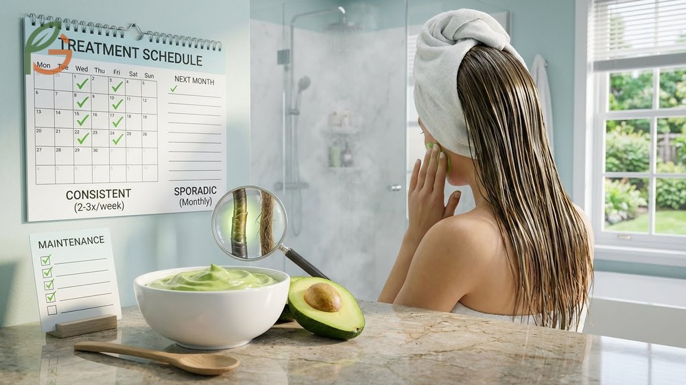 Deep conditioning treatment schedule recommending 2 to 3 weekly applications for visible texture improvements.