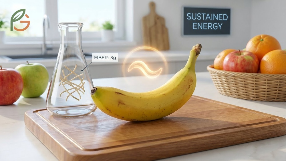Does banana have fiber confirmed with 3 grams per medium fruit providing 10 percent of daily needs.