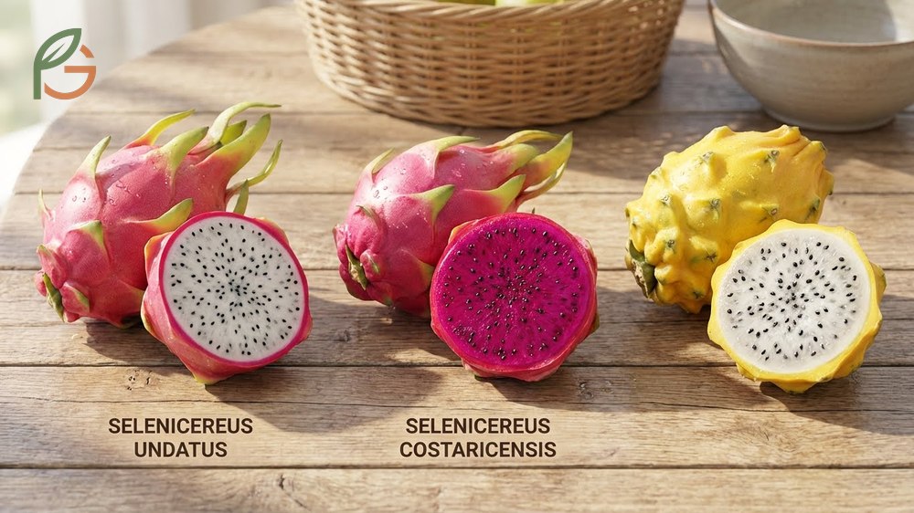 Dragon fruit varieties include the common pink-skinned white-fleshed type and sweet yellow ones with distinct flavors.