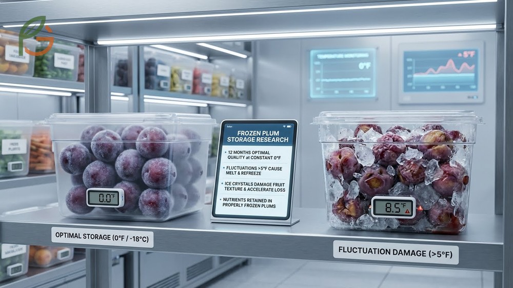 Frozen plum storage and thawing instructions ensuring quality for 12 months when kept at constant 0 degrees Fahrenheit.