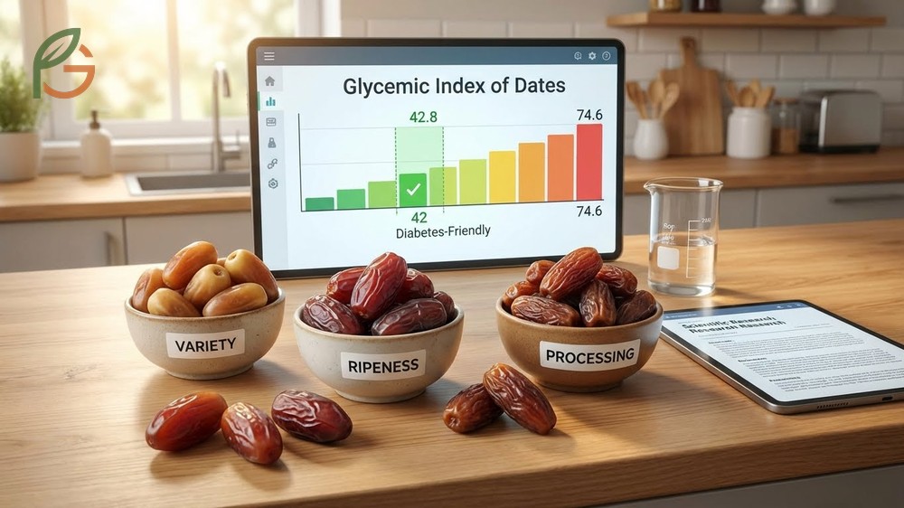 Glycemic index of dates varies by ripeness with semi ripe dates showing a GI of 47 and commercially dried ones dropping to 35.