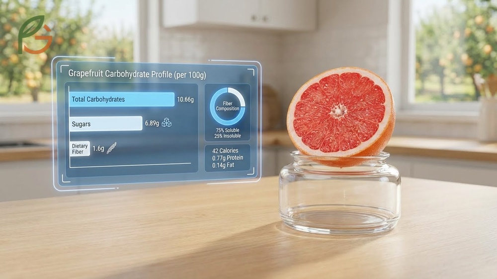 Total carbohydrates in grapefruit are 10.66g per 100g with only 1.6g coming from dietary fiber content.