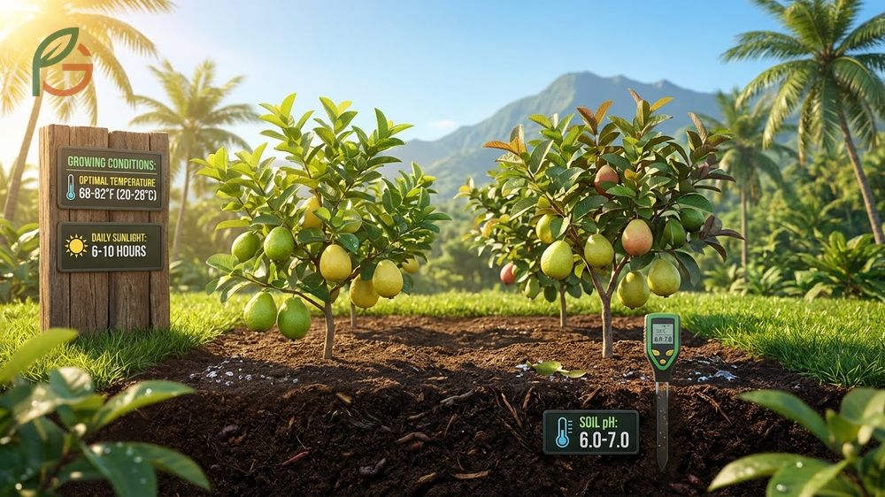 Growing conditions for guava varieties thriving in temperatures between 68 and 82 degrees Fahrenheit.