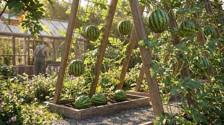 Growing watermelon vertically on trellises produces 105 pounds of fruit in just 50 square feet of garden space.