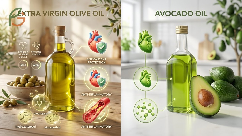 Olive oil reduces heart disease risk by thirty percent while avocado oil helps lower bad cholesterol and supports eye health.