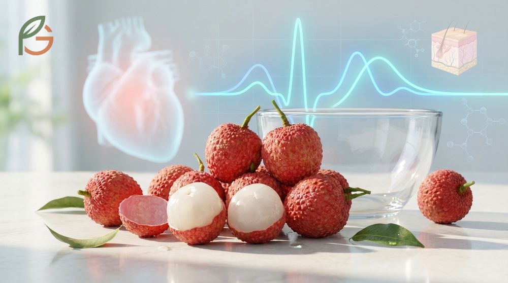Health benefits of lychee include improved heart health from potassium and enhanced skin elasticity from vitamin C.