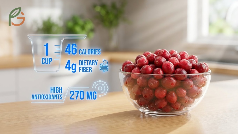 Health benefits of raw cranberries include 4 grams of dietary fiber and high antioxidant levels per cup.