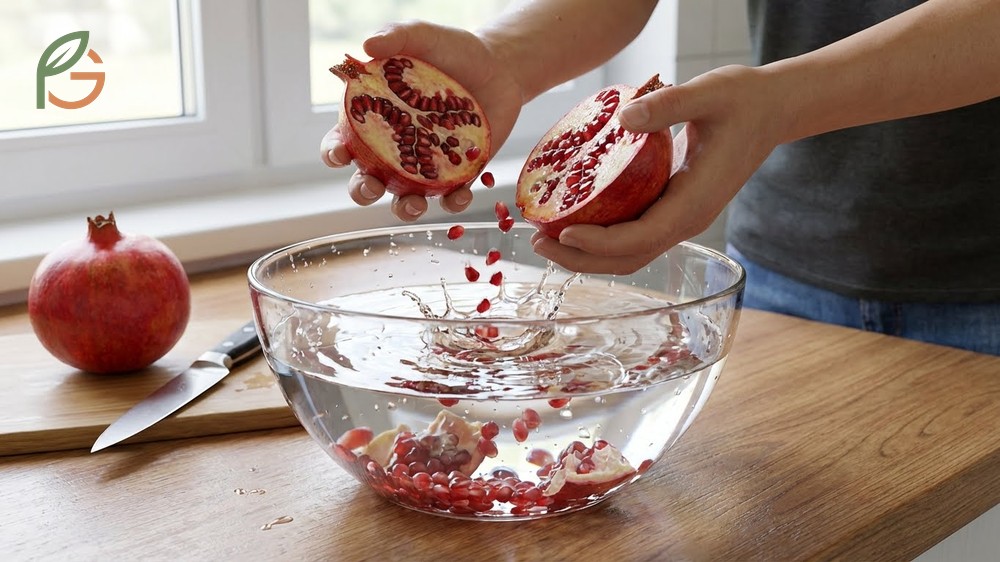 How to de-seed a pomegranate using the water bowl method to separate arils from the bitter membrane.