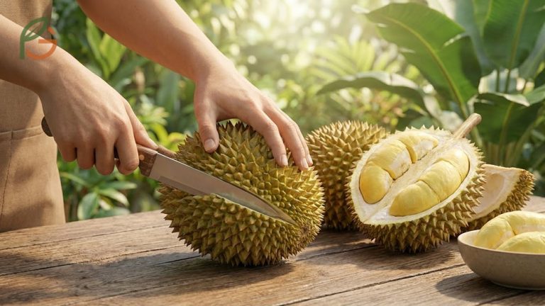 How to eat durian guide covering preparation methods and nutritional facts like 147 calories per 100g.