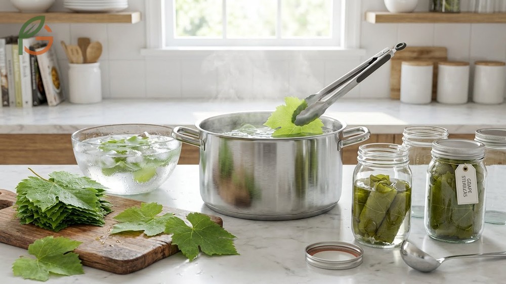 How to preserve fresh grape leaves using blanching and brining methods to maintain texture for year round culinary use.