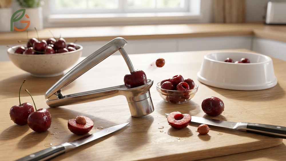 Remove cherry pits for pets tutorial describing the use of a pitter or knife to ensure no pit fragments remain in the fruit.