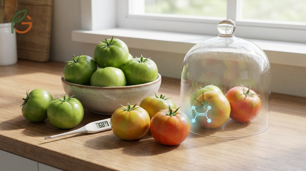 How to ripen green tomatoes using natural ethylene gas at temperatures between 66 and 70 degrees.