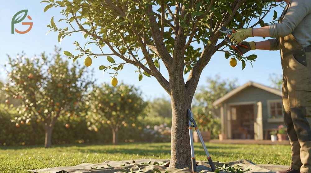 How to prune a lemon tree using bypass shears and loppers to remove dead wood and crossing branches systematically.