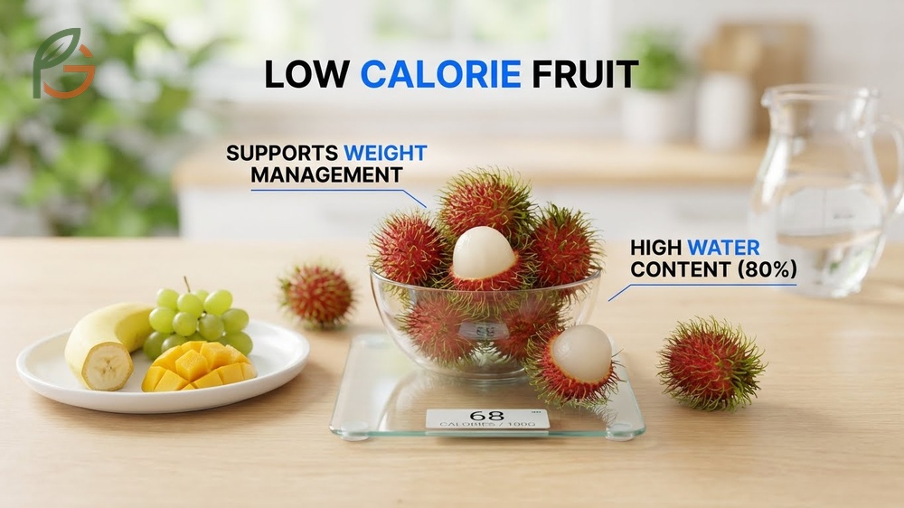 Low calorie fruit rambutan containing 68 calories per 100g compared to bananas at 89 calories and grapes at 69 calories.