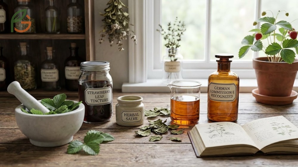 Traditional herbal preparations using strawberry leaves for medicinal tinctures and salves.