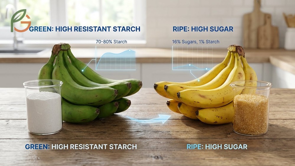 Nutritional difference green vs ripe bananas showing the conversion of resistant starch into sugars.