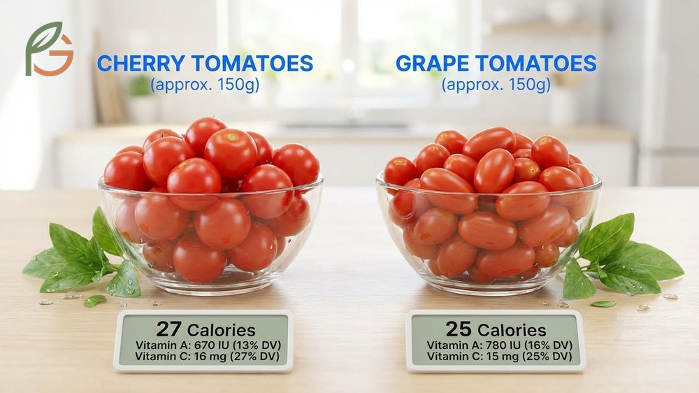 Cherry tomatoes vs grape tomatoes nutritional breakdown showing vitamin A and C content per one cup serving.