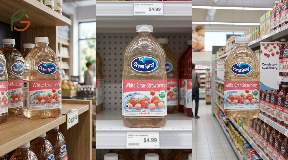 Bottles of white cranberry juice on a grocery store shelf available at major retailers and online.