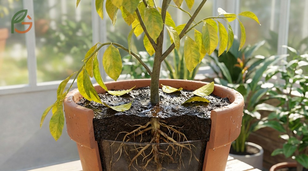 Overwatering symptoms lemon tree include rapid leaf drop and soggy soil that leads to fungal root rot.